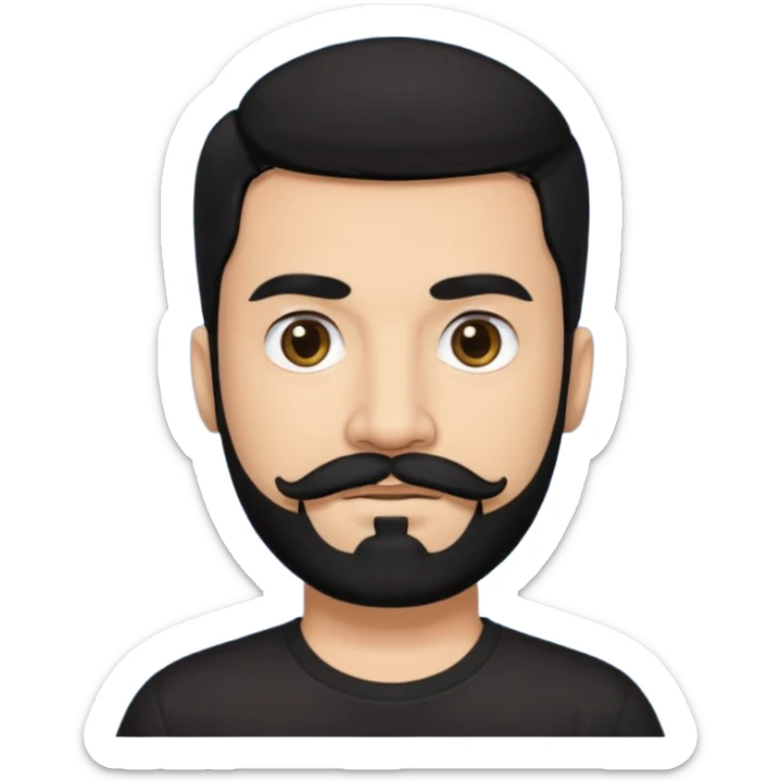 Man, hispanic skin, black hair, black beard, black mustache black eyes black t shirt sticker