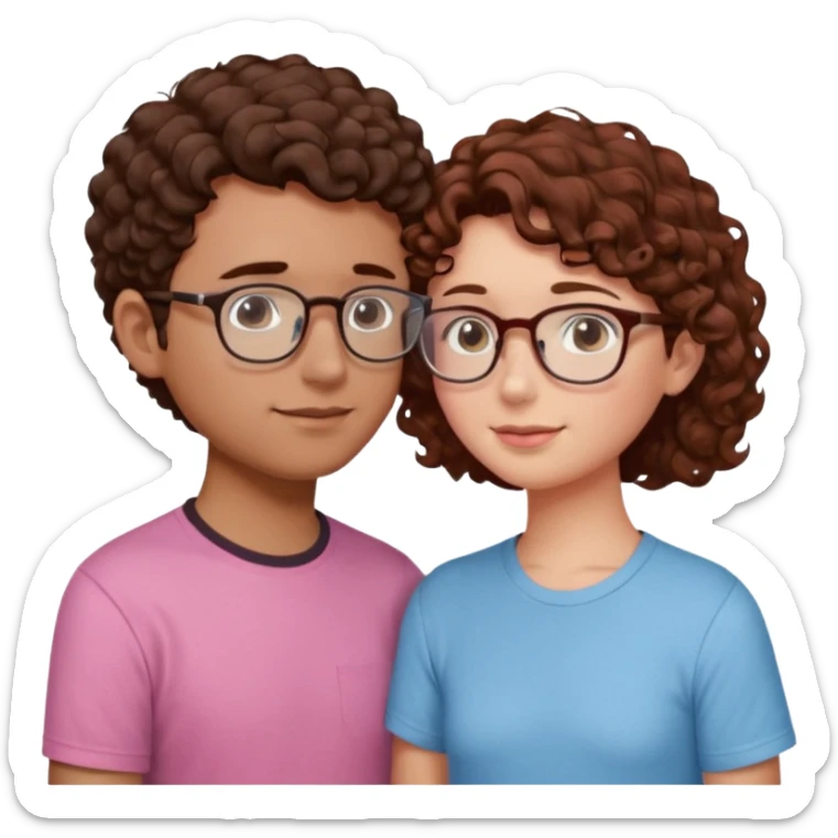 a couple where de girl has short, redish brown hair, pink shirt and the boy has short curly dark brown hair, has glasses and has light blue shirt. they are facing each other and their noses touch sticker