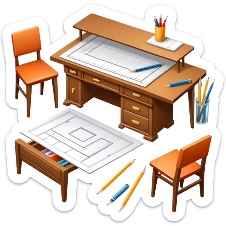 Icon for Furniture Design: a furniture drawing with 3D models of furniture pieces placed on top, accompanied by rulers and a pencil. The icon should represent the design process with focus on precision and modeling. Transparent background. sticker