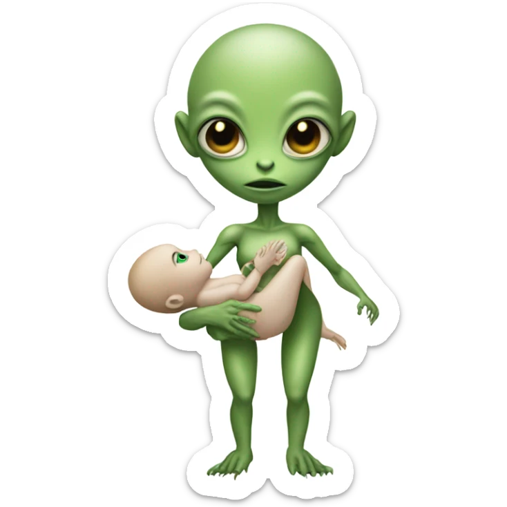  Reptilian alien woman , full body,  holds a newborn white "humman no alien baby" sticker