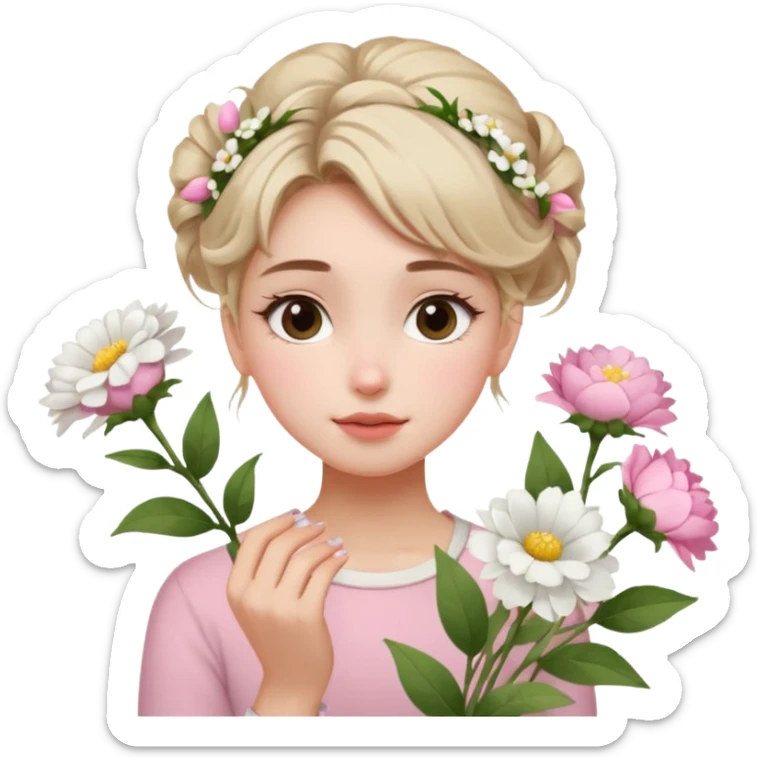emojis.com a-girl--sitting--near-various-bouquets-of-flowers-,-white-and-pink-flowers-.-she-is-holding-a-single-white-flower-up-to-her-face,-her-hairstyle-is-slightly-messy-updo,-with-a-few-soft-strands-f (1) sticker