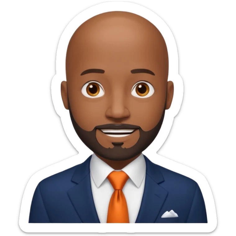 headshot of a sophisticated, stylish, bald head Caribbean black man with a beard and goatee in a navy blue suite, white shirt and dark orange tie with small eyes sticker