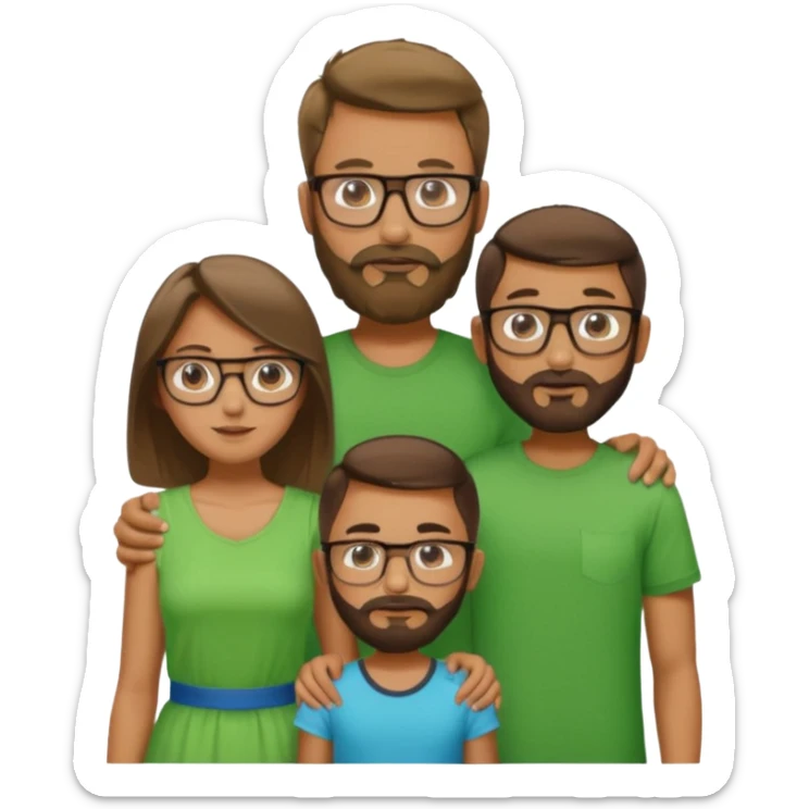 A family consisting of a man who's bearded, tanned, wearing glasses, a woman, slightly tanned, and a 14 year old teenage boy, slightly tanned, wearing a green t-shirt sticker