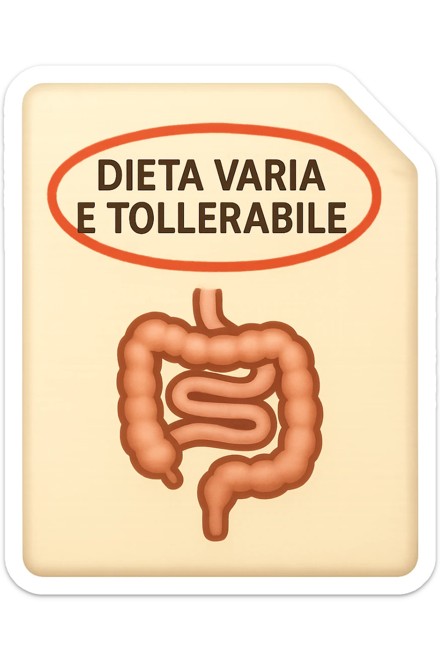emoji stile iphone di un foglio con un INTESTINO disegnatO sopra e la scritta "DIETA VARIA E TOLLERABILE" CERCHIATA IN ROSSO, iperrealistico 4k, isolato su sfondo bianco sticker