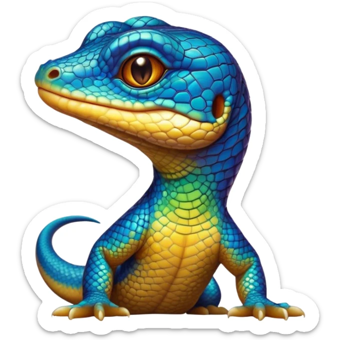 Cinematic Cute Monitor Lizard Portrait Emoji, Head tilted playfully and inquisitively, with a sleek, patterned body accented by vibrant hues and round, sparkling eyes full of wonder, Simplified yet irresistibly adorable features, highly detailed, glowing with a warm, friendly glow, high shine, affectionate and lively, stylized with a touch of exotic charm, bright and endearing, soft glowing outline, capturing the essence of a mischievous yet captivating lizard that seems as if it could scuttle out of the screen into your arms! sticker