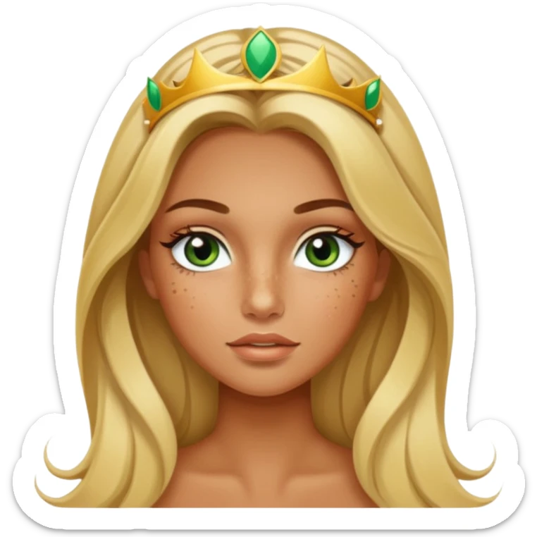 miss universe tanned girl with very long blonde brown hair and green brown eyes and freckles along her nose and cheeks and long eyelashes sticker