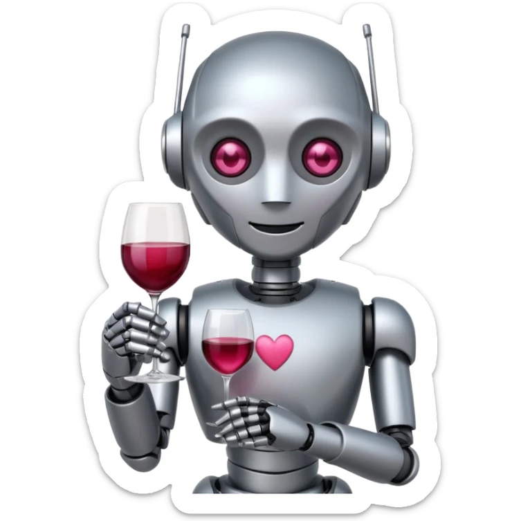 Un robot elegante con vino en la mano y una sonrisa tímida y unos ojos de corazónes rosas sticker
