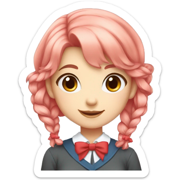 Girl short coral pink hair, blue eyes, red bow, Grayish brown school uniform, collar, red bow on the collar, happy, red bow sticker