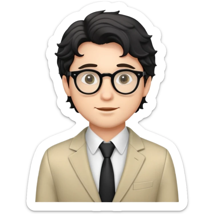 Young caucasian man with black wavy hair, round glasses, semi-formal theater outfit with blazer and collared shirt sticker