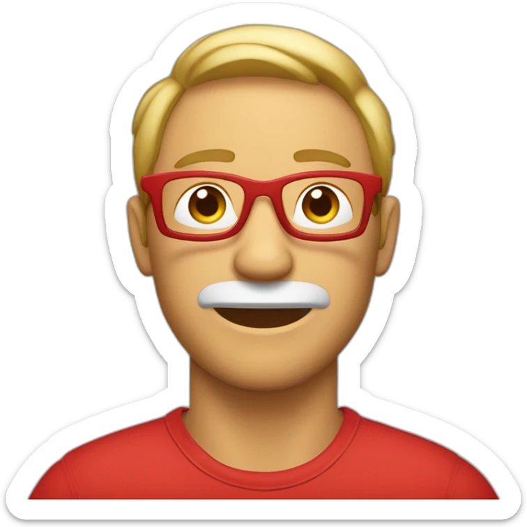 Hombre gordo ligeramente canoso con gafas sin montura y un polo rojo sticker