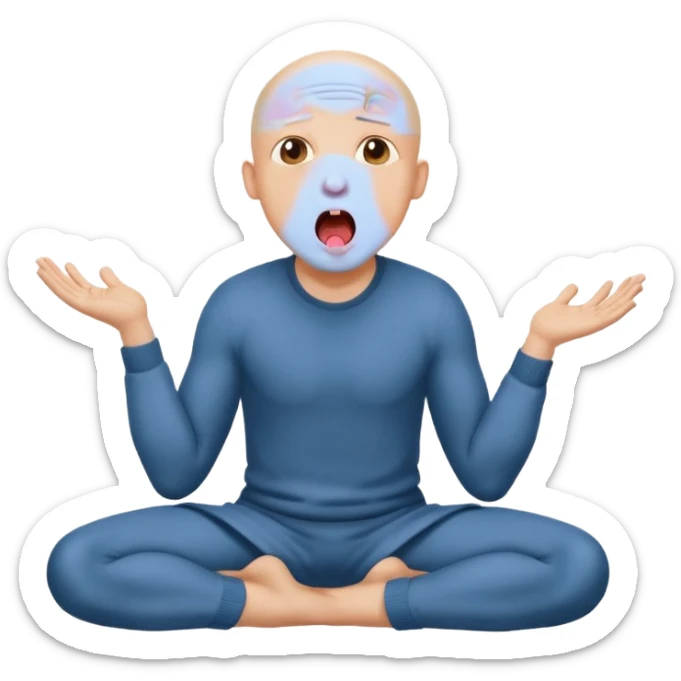 Bald masochist on his knees, frightened with his tongue out, looking up sticker