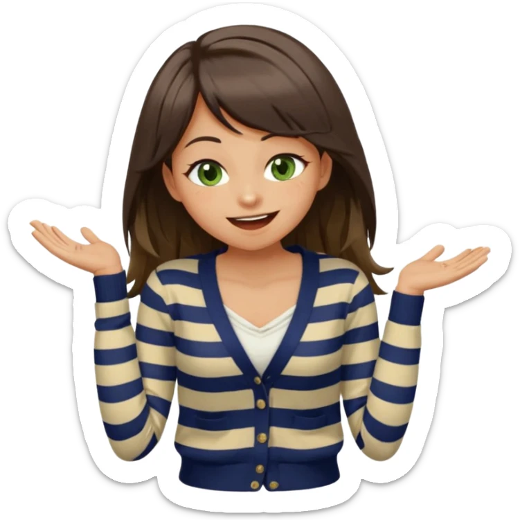 Gorgeous brunette girl green eyes, striped cream and navy blue cardigan and cream shirt, with swoop bangs and long hair having fun, laughing with mouth closed eyes squinted closed, hand on stomach laughing sticker