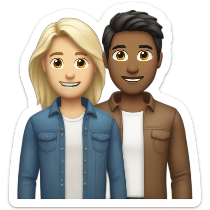 Gay couple, one guy Indian brown straight hair brown eyes, 1 guy white blonde hair blue eyes sticker