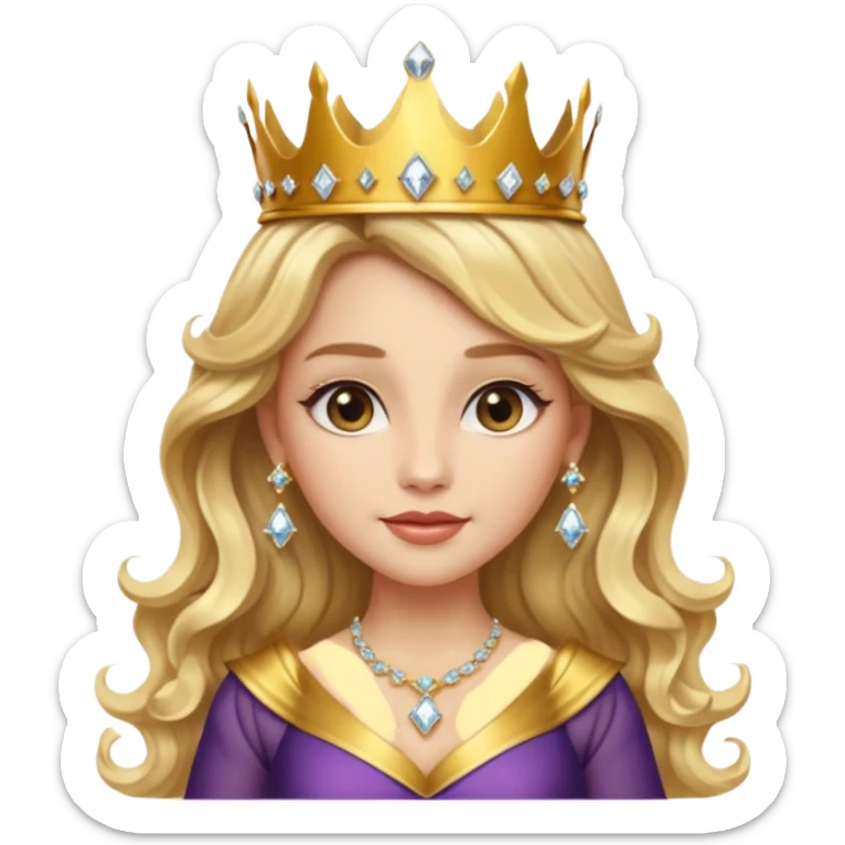 stunning female memoji, long blonde wavy hair, wearing a golden crown, diamond earrings, elegant dress, confident and regal aura stunning female memoji, long blonde wavy hair, wearing a golden crown, diamond earrings, elegant dress, confident and regal aura sticker