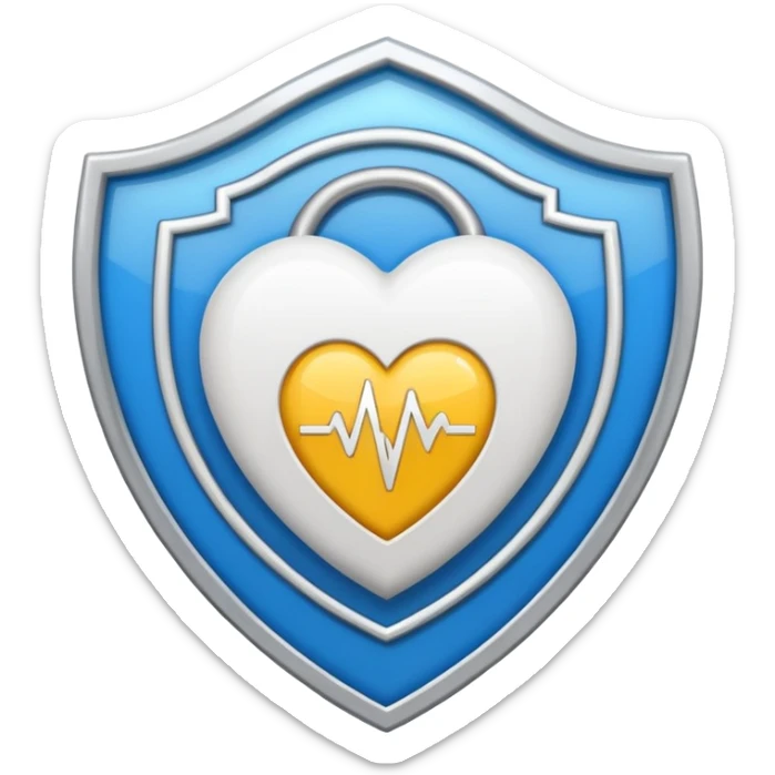 Health monitoring icon, heart inside shield, signal waves, emoji style, modern clinic branding sticker