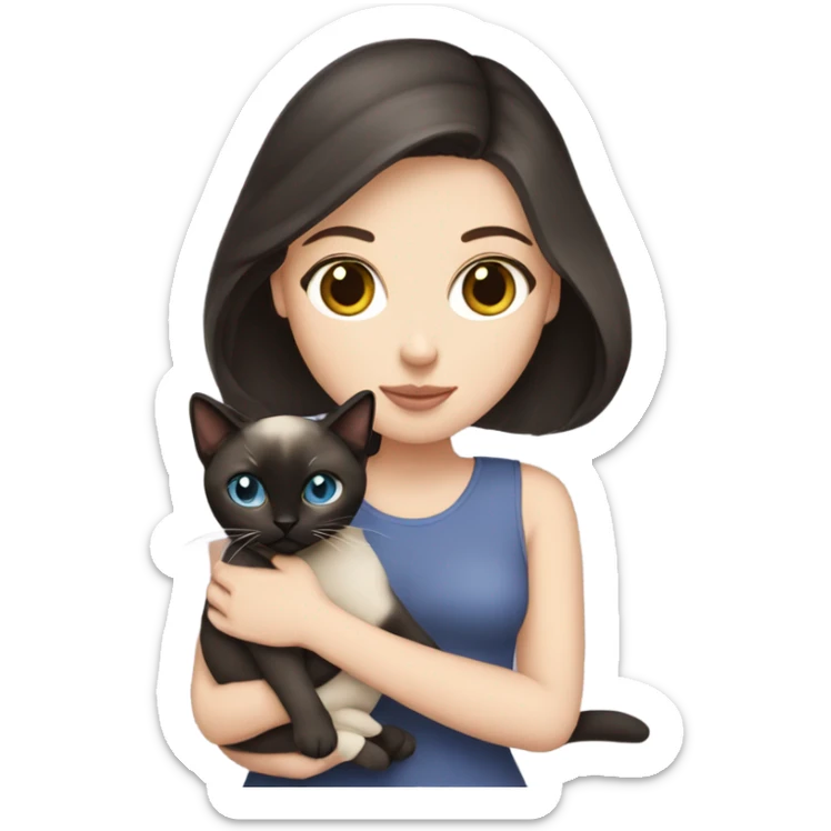 A white girl with dark hair is holding a Siamese cat sticker