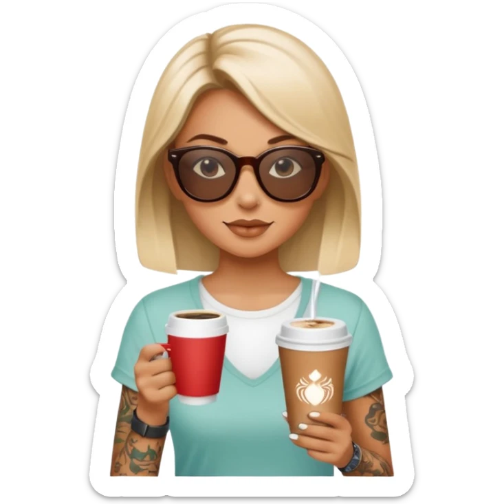 gözlük takan, dövmeli ve elinde kahve tutan, yaz kıyafetli bir kadın sticker