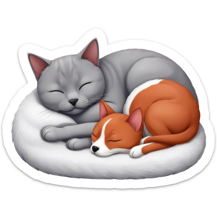 gray British Shorthair cat curled up and sleeping next to a red Basenji dog sticker