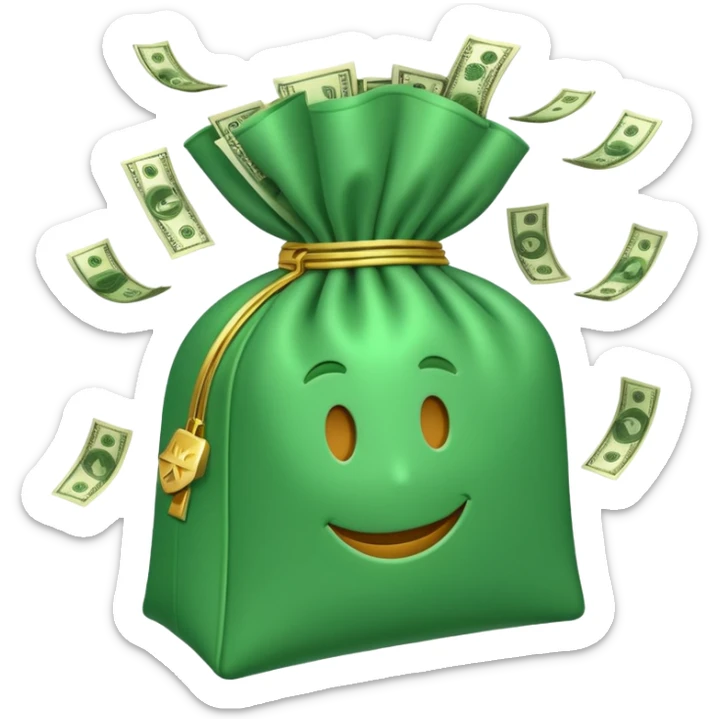 

3D emoji style, big bag of money, flying dollar bills, rich casino vibe, smooth lighting, high detail, clean edges, transparent background



 sticker
