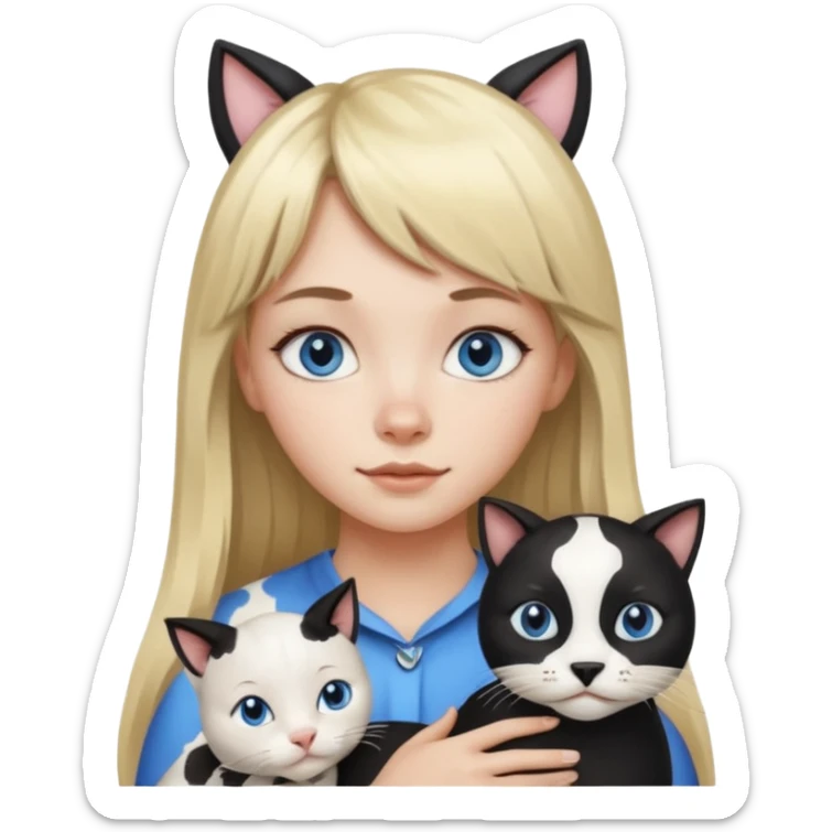 One  cat black and white stain like a cow in the arms of long blond hair girl with bangs and blue eyes sticker