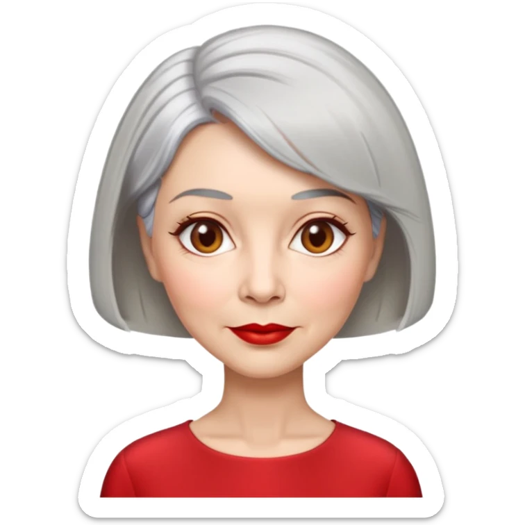 Elegant senior woman with silver-gray bob haircut, light skin, almond-shaped hazel eyes, red lipstick, wearing a red blouse, sophisticated expression sticker