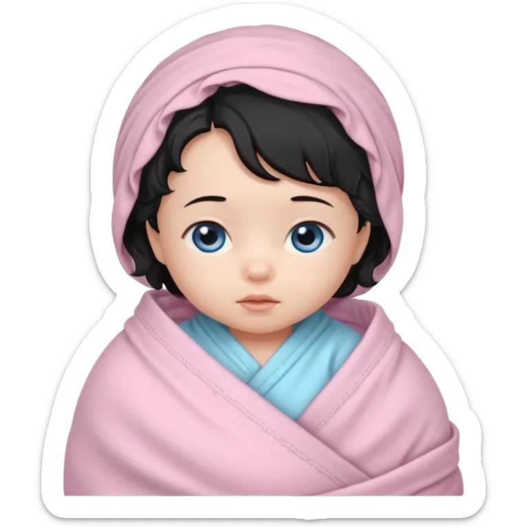 a  female asian newborn baby with black wavy hair and blue eyes wrapped in a light pink swaddle sticker