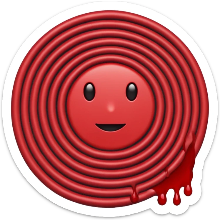 Minimalist emoji-style sticker of a coiled red carpet with drops of blood on the floor around it. Flat design, black and desaturated red tones, no perspective, bold lines. sticker