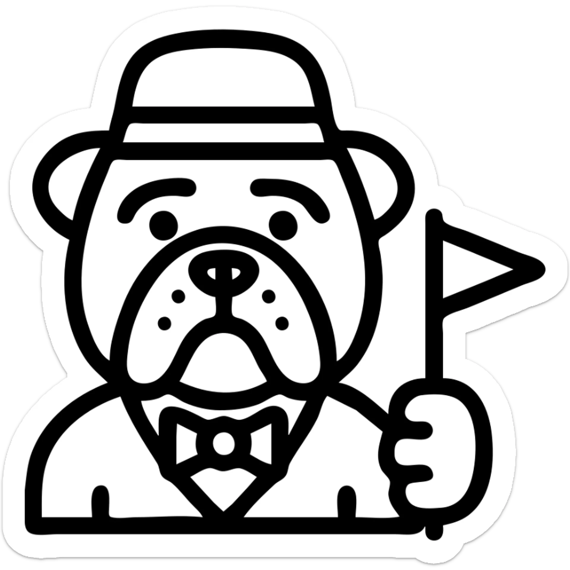 English bulldog as a tour guide, icon style, wearing a guide hat and holding a small flag sticker