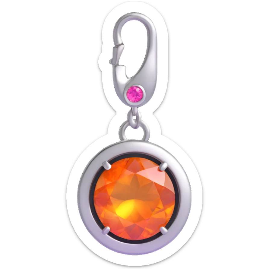 macro detail of a round cut pink fire opal charm with fiery pink-orange flashes, silver bezel and silver jump ring sticker