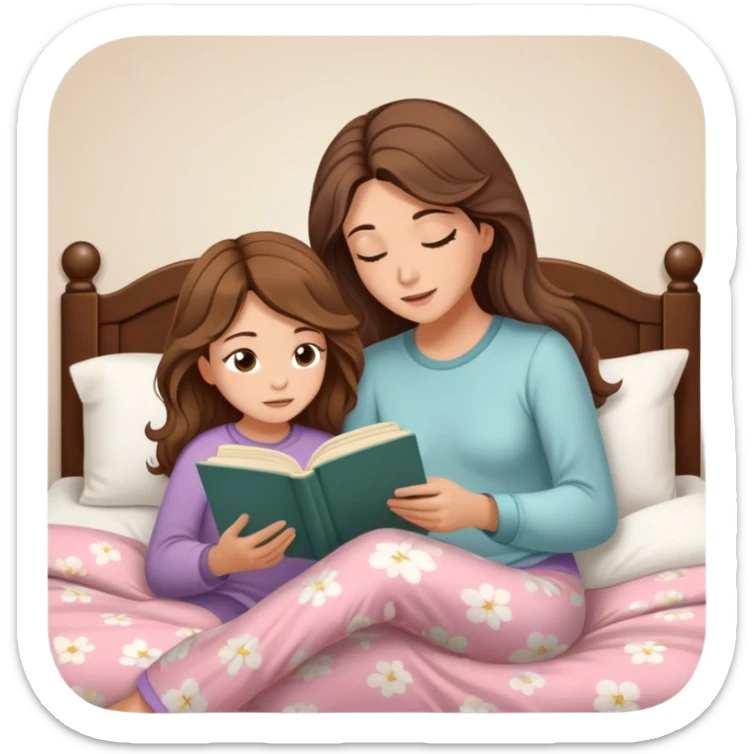 A thin white pretty mom with light brown eyes with lashes and brown long beach waves hair while reading a novel to her 10 years old daughter in pjs in her daughter's bed sticker