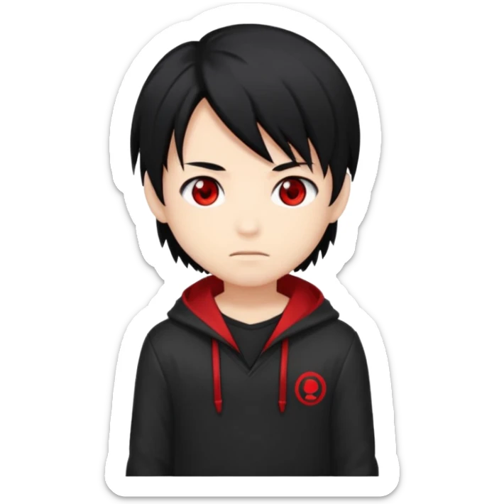 Create an emoji of a boy with long black hair and red eyes, in a chibi anime style. sticker