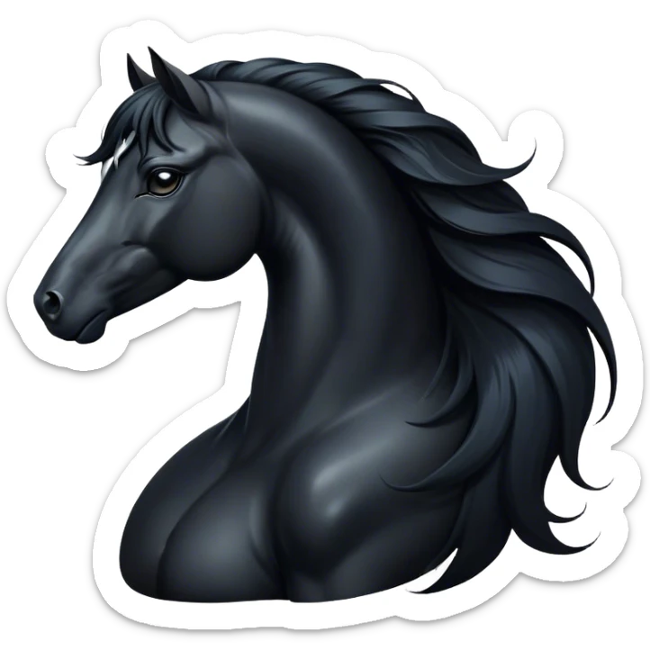 Cinematic Elegant Black Horse Portrait Emoji, Head held high with a serene, powerful gaze, showcasing a magnificent jet-black fur with a radiant, glossy finish, a flowing mane and tail, and piercing dark eyes exuding beauty and strength, Simplified yet majestically refined features, highly detailed, glowing with a soft, ethereal light, high shine, poised and breathtaking, stylized with an air of pure elegance, capturing the essence of a stunning and graceful steed, so beautiful it feels like it could gallop out of the screen with effortless charm! sticker