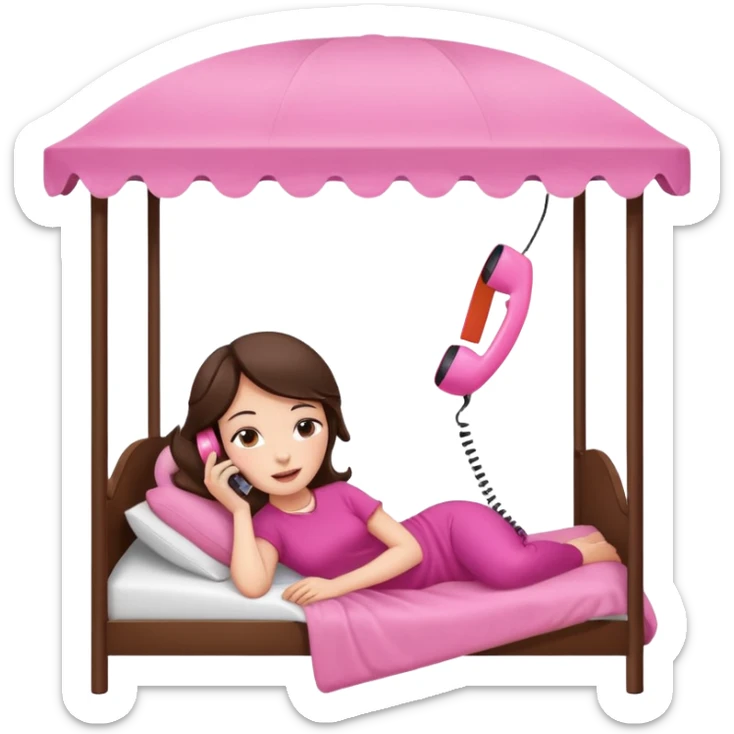 brunette woman reclining on a canopy bed, pink telephone to her ear sticker