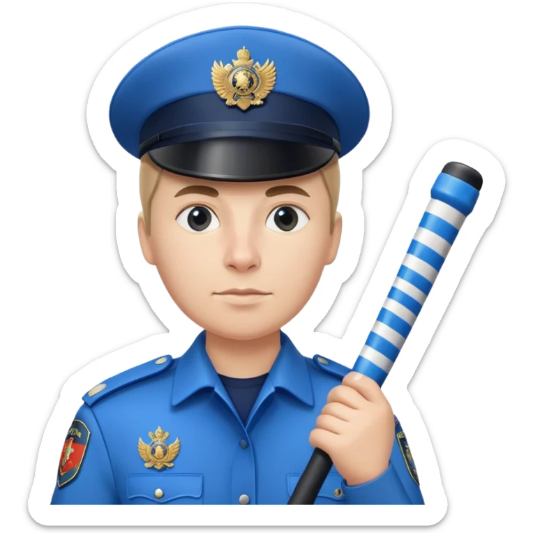 Russian traffic police officer in blue uniform with striped baton and peaked cap, holding traffic baton sticker
