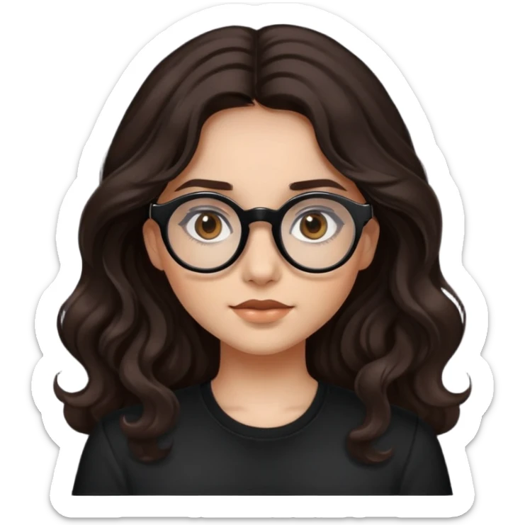 make a girl emoji: she has dark brown long wavy hair,dark brown eyes,round black vision glasses,and a black shirt sticker