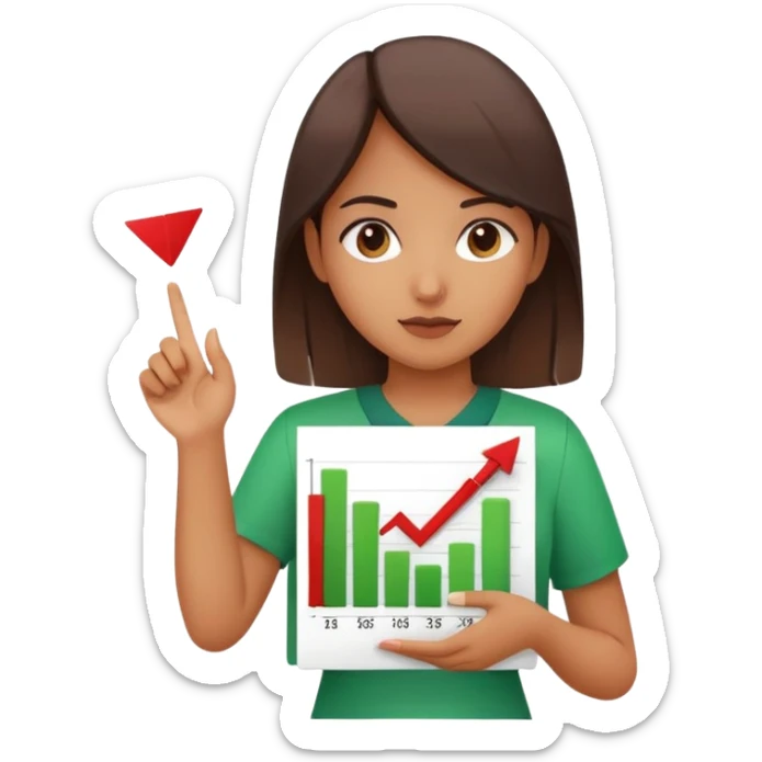 Girl holding chart with rising green graph line in right hand and holding another chart with falling red graph line in left hand sticker