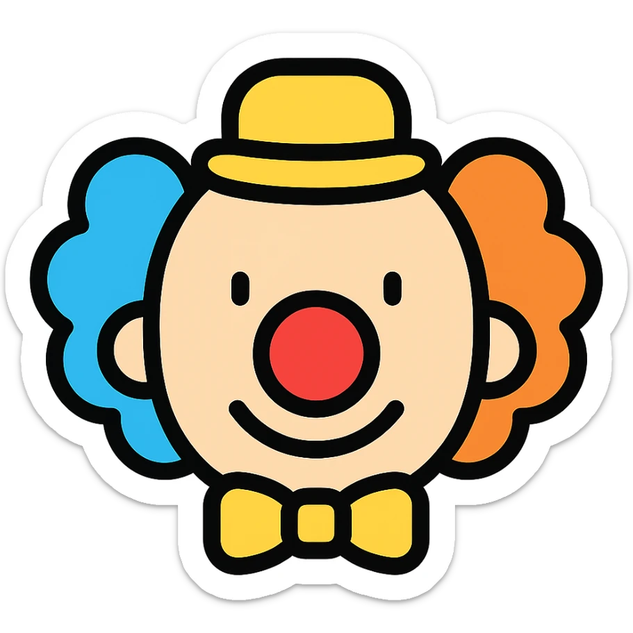 clown head with red nose and colorful hair, vibrant colors sticker