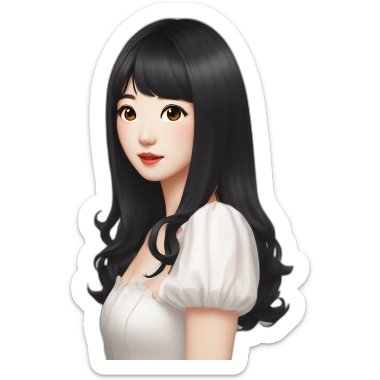 pretty woman in mid length black hair , small korean eyes, with dimples on both cheeks, with kpop dress sticker