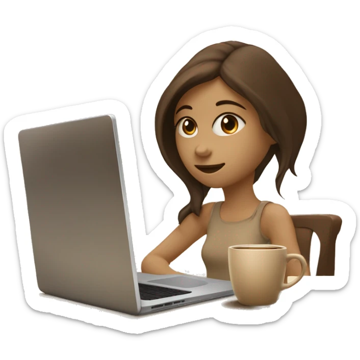 Half face of a girl at the laptop. A a cup of coffee on the left side of the table. Books on the right side. in beige tones sticker