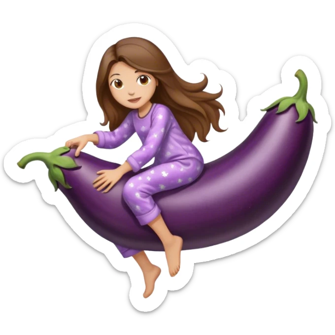 girl with long brown hair riding eggplant in pijamas sticker