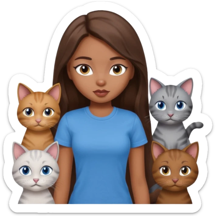 a pretty bratz dusky girl with long brown hair, blue eyes with six cats nd wearing a grey tshirt sticker