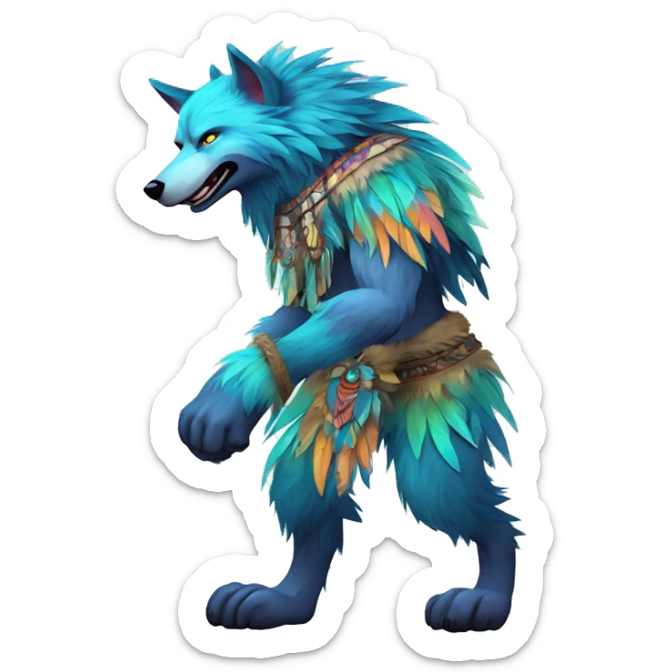 Fluffy Colorful Shy Spiritual Shamanic WereWolf With Shiny Tribal Markings wearing feathers Full Body sticker
