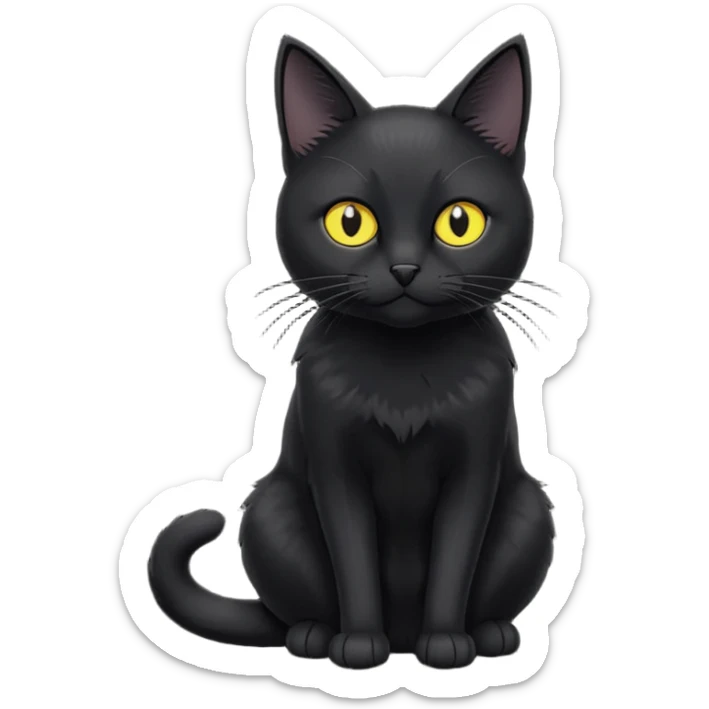 create an image of a black cat with yellow eyes and a white spot on the chest the cat is sitting looking forward in illustration style sticker