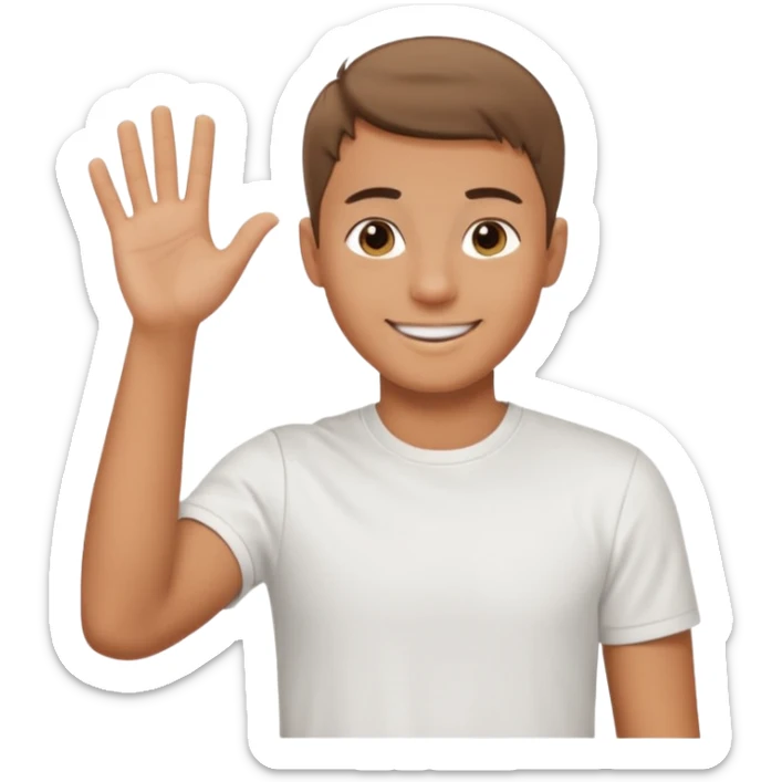 joven bronceado corte de pelo muy cortito polera blanca sonrisa bonita saludando mano arriba sticker