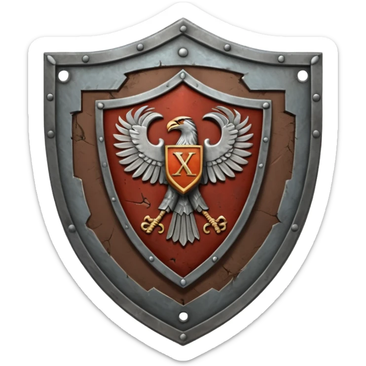 a battle worn steel shield with engraved roman numerals for 30, the roman numerals should be prominante and in the center of the shield sticker