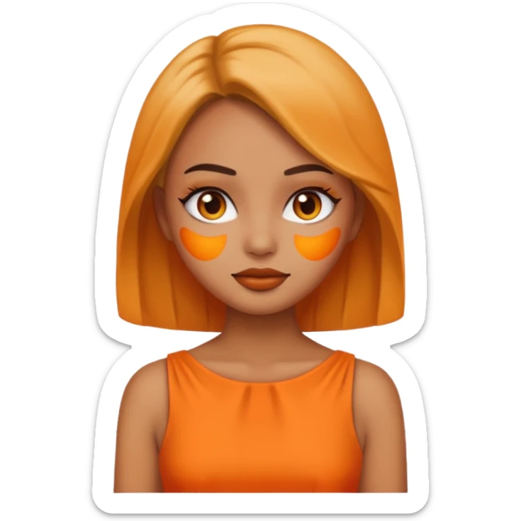A girl tan skin face emoji with skin head styled, dramatic makeup and an orange dress. sticker