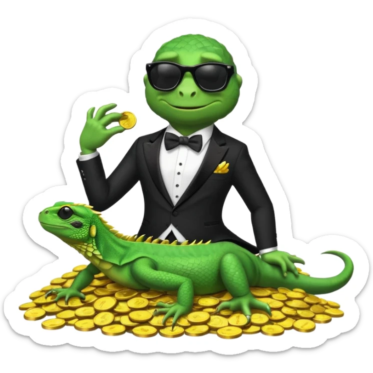 capitalist iguana banker in tuxedo and black sunglasses lying comfortly on coins sticker