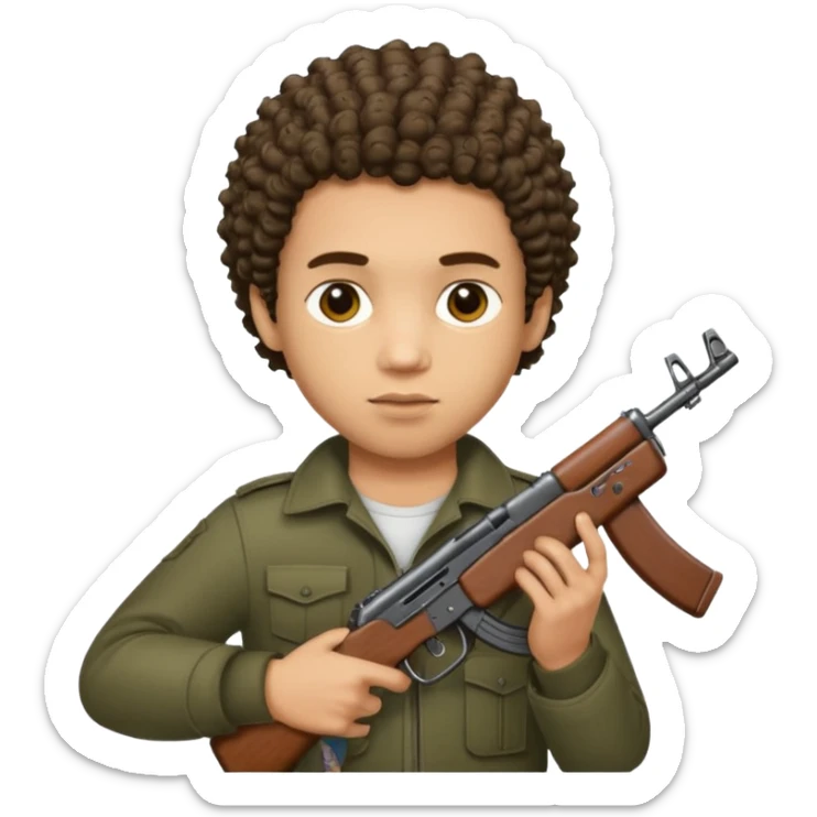 AK47 in hand, light skin male with shortest curly hair  some cuts on the face  sticker