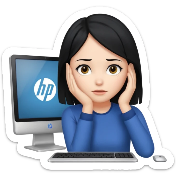 A girl is in front of a computer and is holding her head.The one with black hair And the computer is of a certain type hp sticker