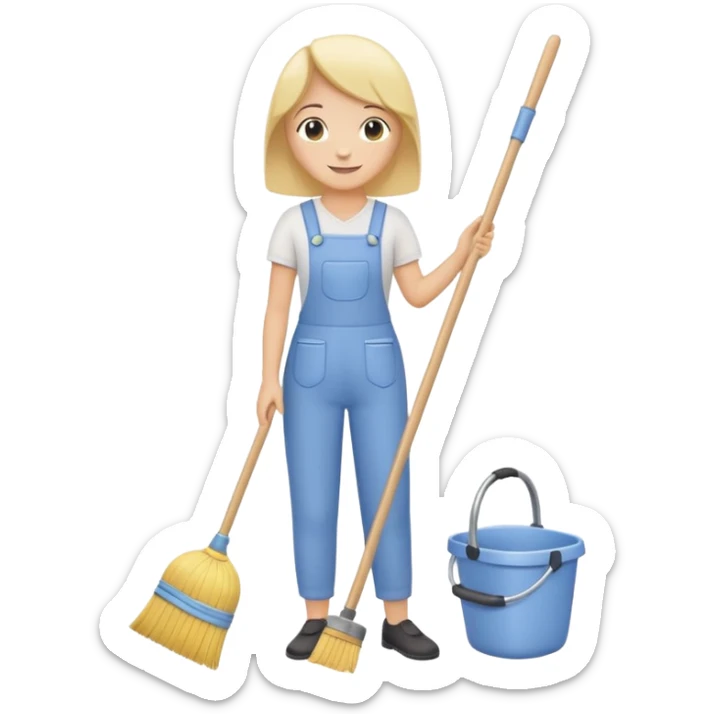 simplified human character calmly cleaning the room, holding a broom or cloth, relaxed smile, peaceful everyday routine, flat custom emoji sticker, soft pastel colors, rounded shapes, minimal details, thick outline, white background, no text sticker